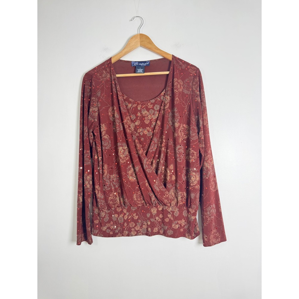 Floral Sequin Susan Graver Womens S Faux Wrap‎ Blouse Burgundy Gold Long Sleeve